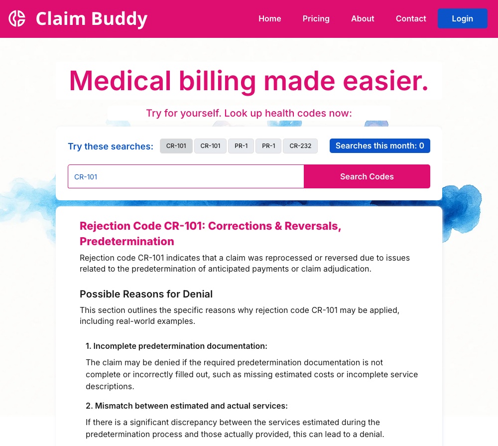 Code lookup results with detailed explanations