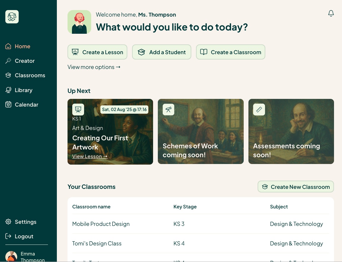 Dashboard with lesson creation and classroom management